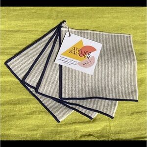 NWT! Atelier Saucier 4-Piece Cocktail Napkin Set Striped  Chambray 5”x 5”